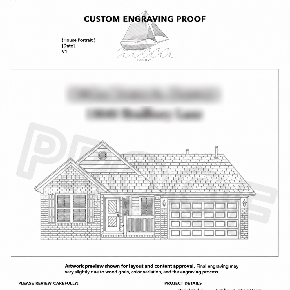 A sample customer engraving proof with its name and address blurred for privacy